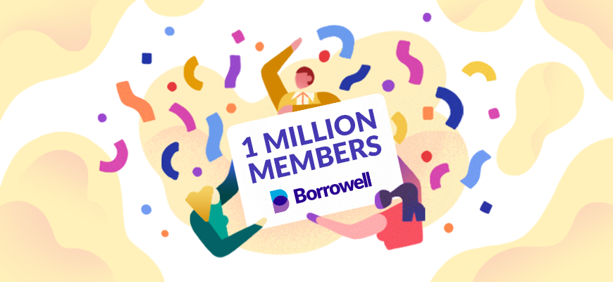 This graphic shows people dancing to celebrate Borrowell's milestone of one million members. 