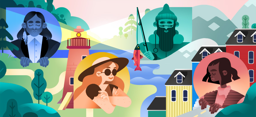 Illustration of different people living in various palces in Canada. 