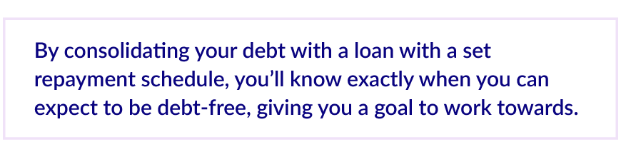 By consolidating your debt with a loan with a set repayment schedule, you’ll know exactly when you can expect to be debt-free, giving you a goal to work towards.