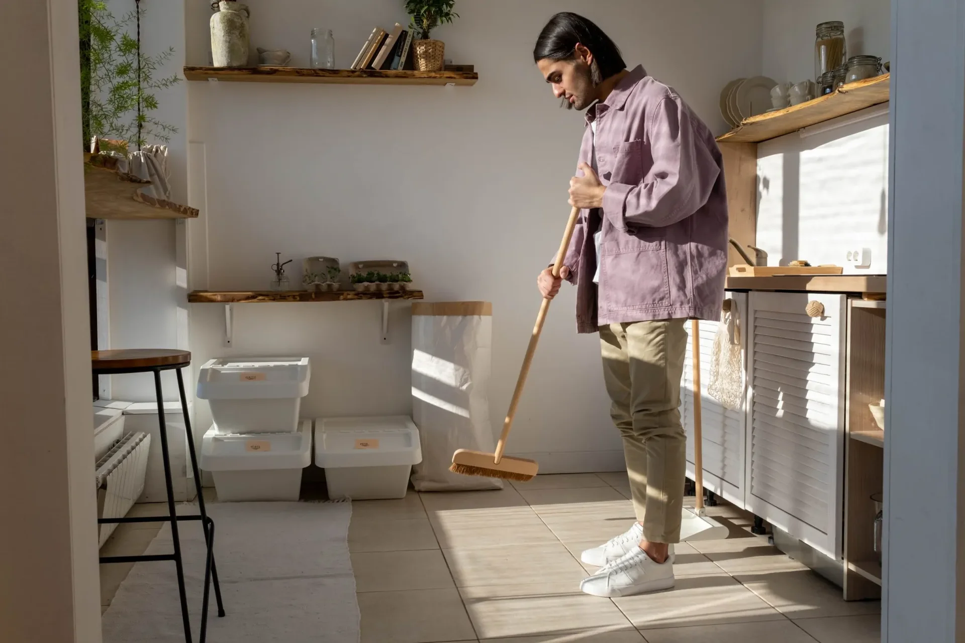 Man in purple shirt and beige pants sweeps tiled kitchen floor with wooden broom. Bright, minimalist kitchen features wooden shelves, white storage containers, potted plants, and natural sunlight streaming through windows.