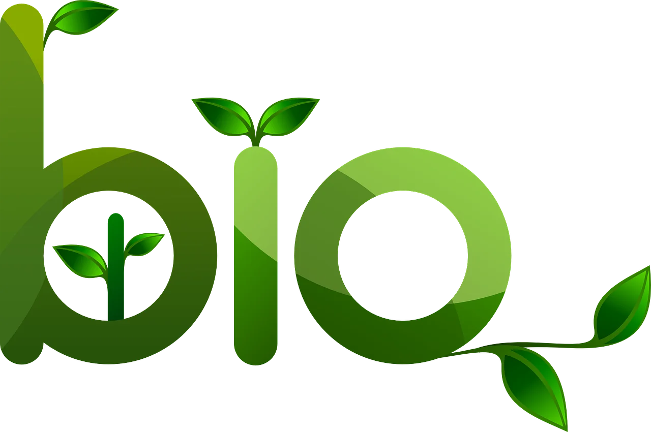 Green stylized 'bio' text with integrated plant elements including leaves and sprouting seedlings in various shades of green, representing organic and sustainable biology concepts.