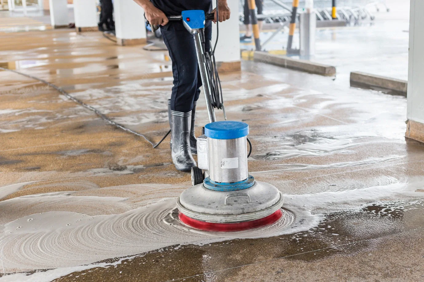 Worker operating a blue and silver rotary floor scrubber with red brush attachment on a wet concrete floor in an industrial warehouse space, cleaning debris and dirt.