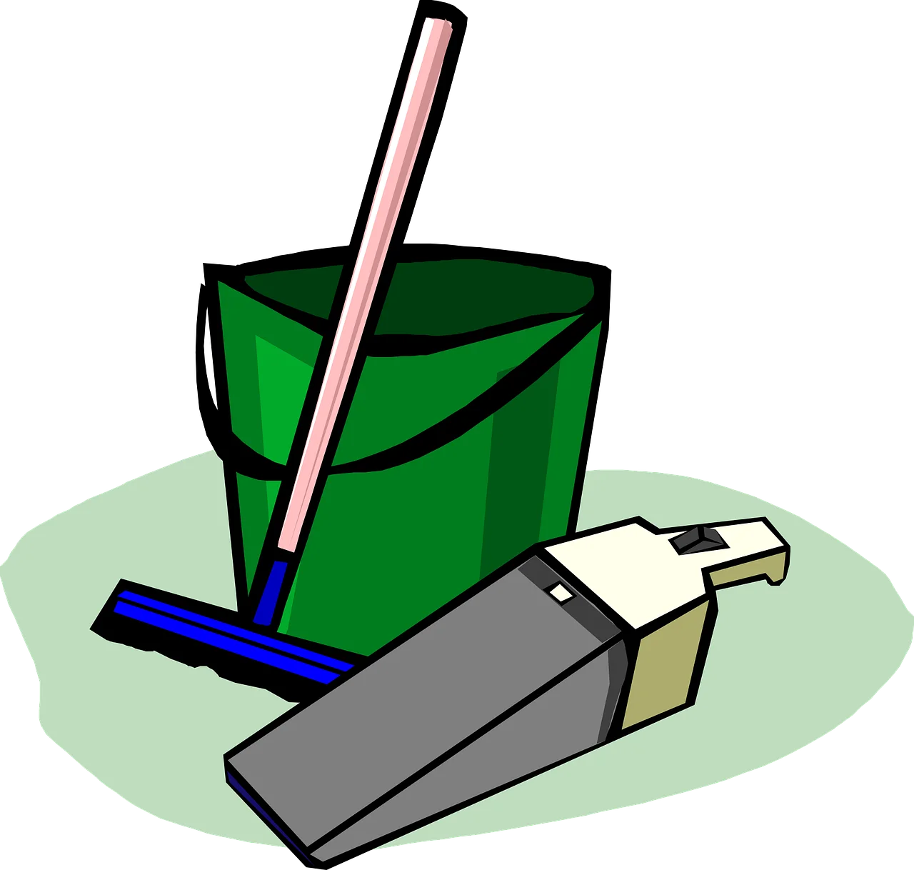 Illustration of a green bucket with black handles and a pink mop handle, accompanied by a dustpan and brush on a light green surface.