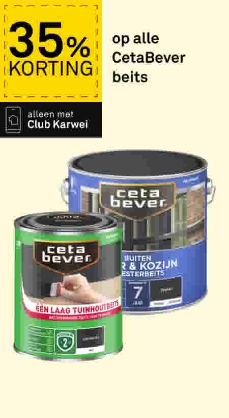 Twee blikken CetaBever beits met 35% korting via Club Karwei. Groen blik tuinhoutbeits antraciet, blauw blik buiten deur & kozijn beits zwart.