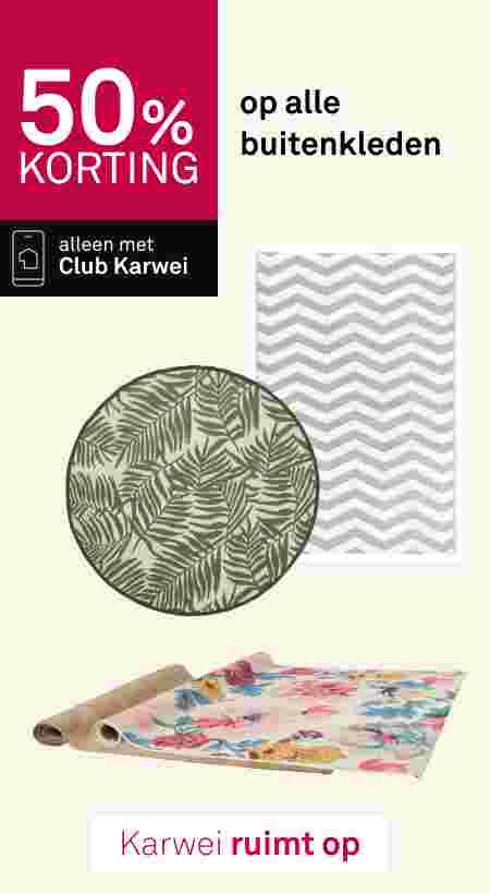 50% korting op alle buitenkleden bij Karwei. Drie kleden: rond met bladeren, grijs zigzag en bloemenkleed.