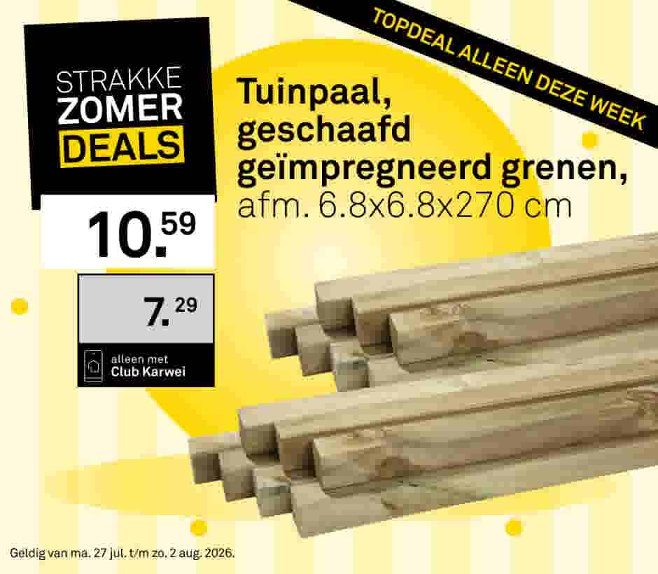 Gestapelde houten tuinpalen, geschaafd geïmpregneerd grenen, 6.8x6.8x270 cm. Aanbieding: €7,29 met Club Karwei.