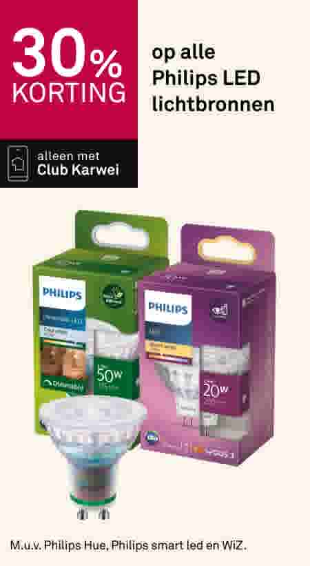 30% korting op alle Philips LED lichtbronnen. Alleen met Club Karwei. Groene en paarse verpakkingen met LED-lampen.