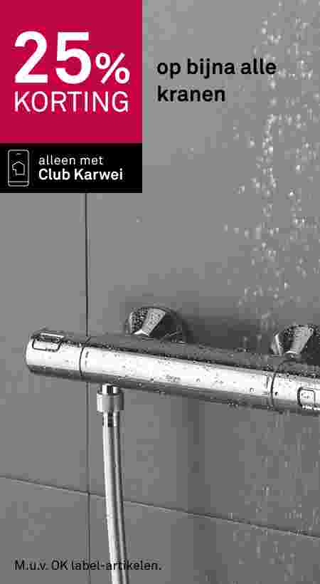 Chromen douchethermostaat met waterdruppels op grijze tegels. Tekst: 25% korting op bijna alle kranen, alleen met Club Karwei.