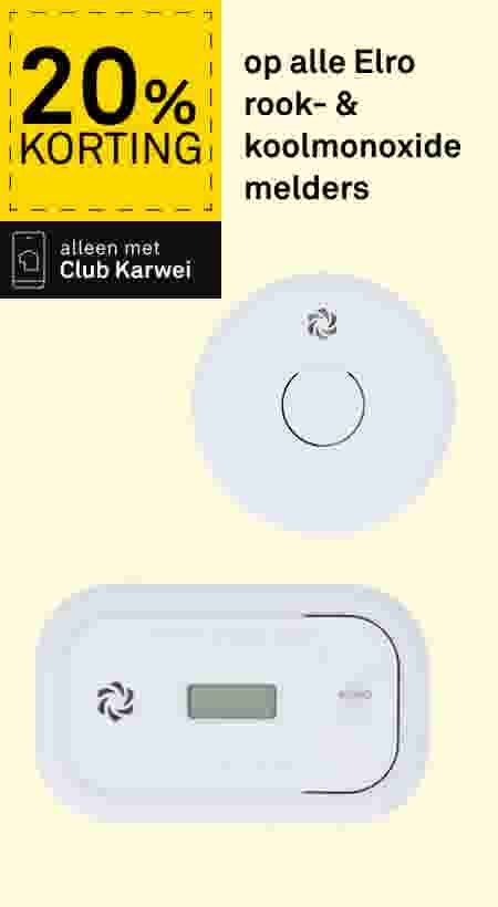20% korting op Elro rook- en koolmonoxidemelders, alleen met Club Karwei. Twee witte melders op gele achtergrond.