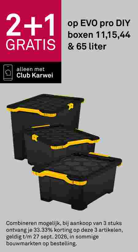 Drie zwarte EVO pro DIY opbergboxen met gele sluitingen, gestapeld. Aanbieding: 2+1 gratis, alleen met Club Karwei.