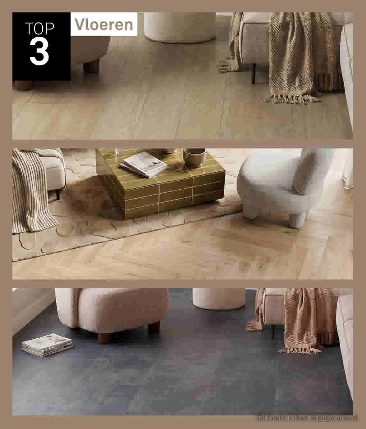 Top 3 Vloeren. Drie sfeerbeelden van houten visgraat- en planken vloeren en een donkere tegelvloer, met poefs, een salontafel en een plaid.