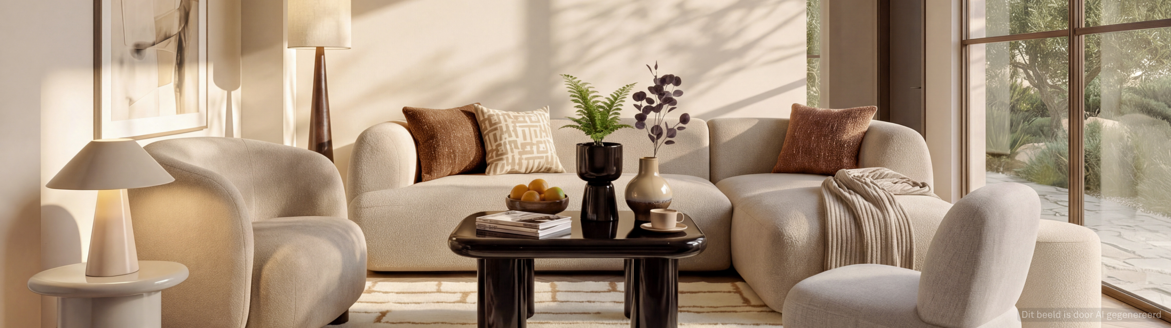 Moderne woonkamer met beige banken, donkere salontafel, planten en natuurlijk licht door grote ramen