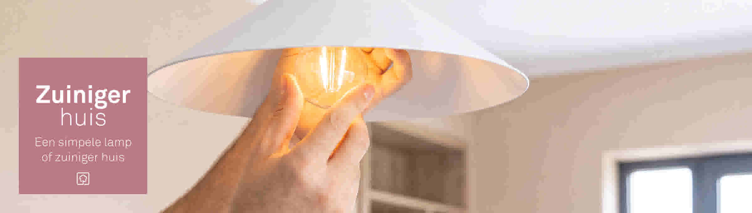 Hand die een gloeilamp in een witte plafondlamp plaatst, met roze tekstvak 'Zuiniger huis' links in beeld.