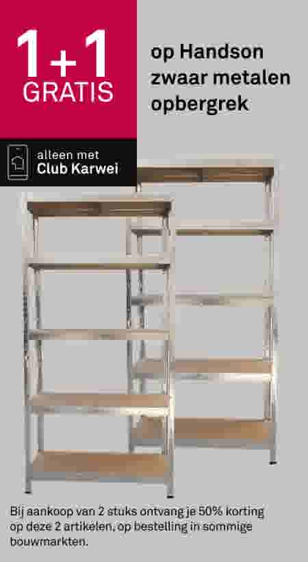 Twee metalen opbergrekken met houten planken, 1+1 gratis aanbieding voor Club Karwei leden.