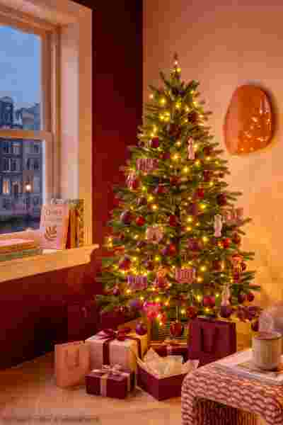 Warme winter woonkamer met een prachtig opgetuigde kerstboom met veel cadeaus, helemaal in de Christmas Beauty wooninspiratie
