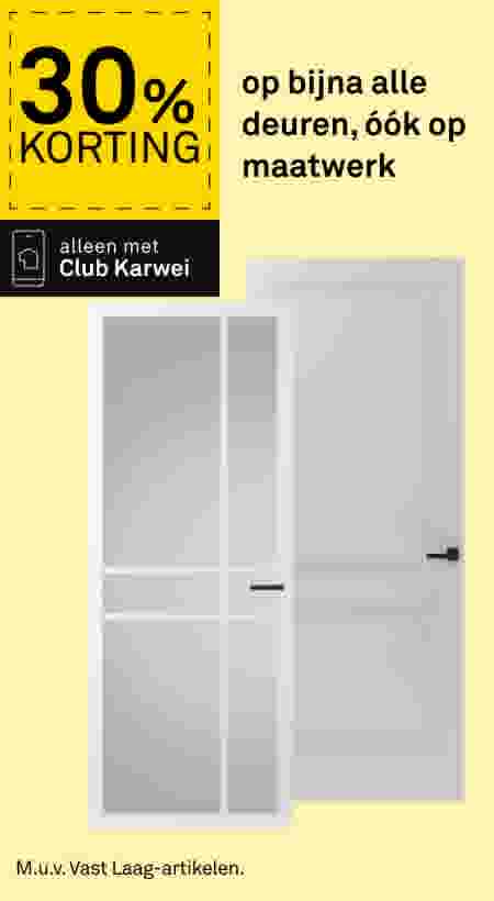 30% korting op bijna alle deuren, ook op maatwerk. Twee witte deuren afgebeeld, alleen met Club Karwei.