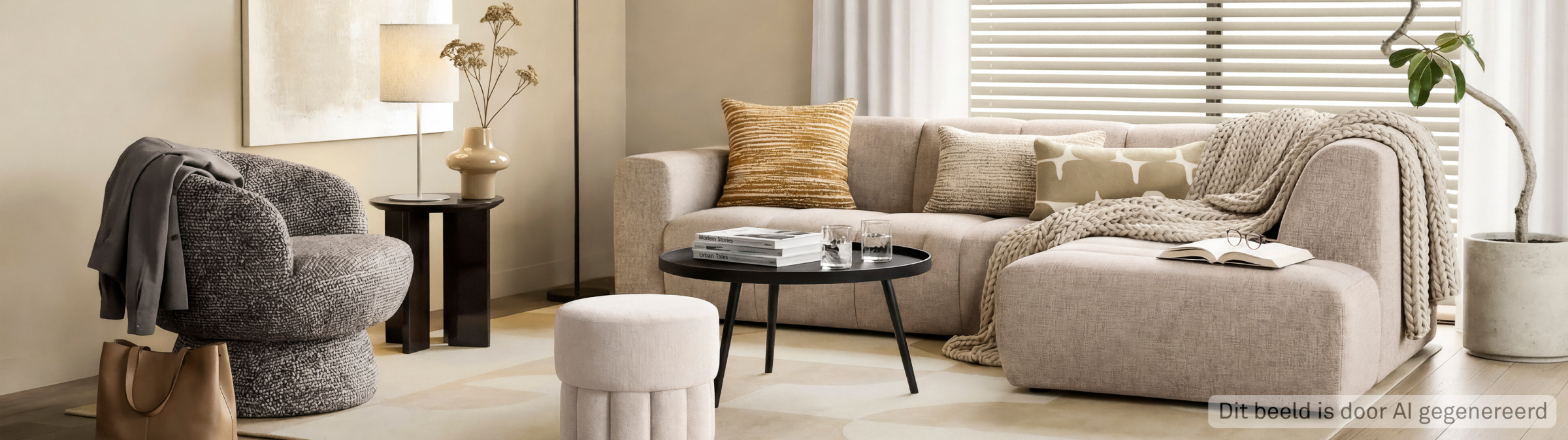 Moderne woonkamer met beige hoekbank, zwarte salontafel, grijze fauteuil en neutrale tinten met decoratieve kussens.