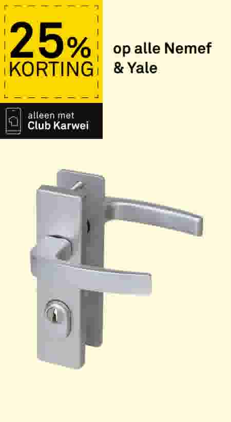 Zilveren deurklink met cilinderslot. Aanbieding: 25% korting op Nemef & Yale, alleen met Club Karwei.