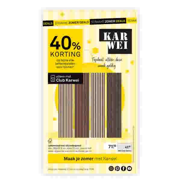 Karwei folder met 40% korting op lattenwanden. Gele achtergrond met donkere houten lattenwanden en Club Karwei-aanbieding.