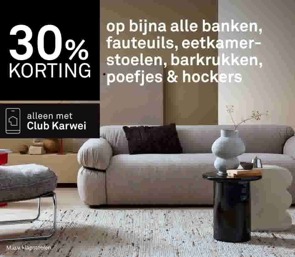 30% korting op bijna alle banken, fauteuils, eetkamerstoelen, barkrukken, poefjes & hockers