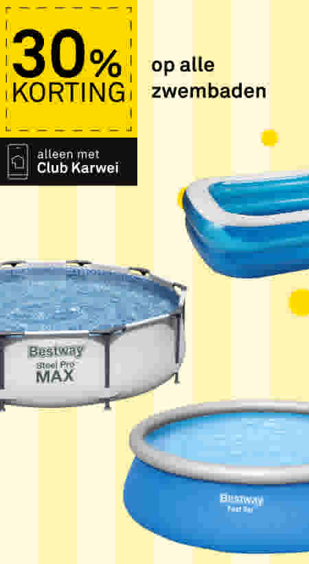 30% korting op alle zwembaden bij Karwei, alleen met Club Karwei. Drie zwembaden getoond: Bestway Steel Pro MAX, opblaasbaar bad en Bestway Fast Set.