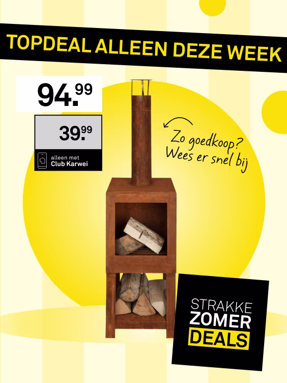 Buitenhaard van cortenstaal met houtopslag, nu €39,99 voor Club Karwei-leden. Topdeal alleen deze week. 35% korting op de Terraskachel met houtopslag