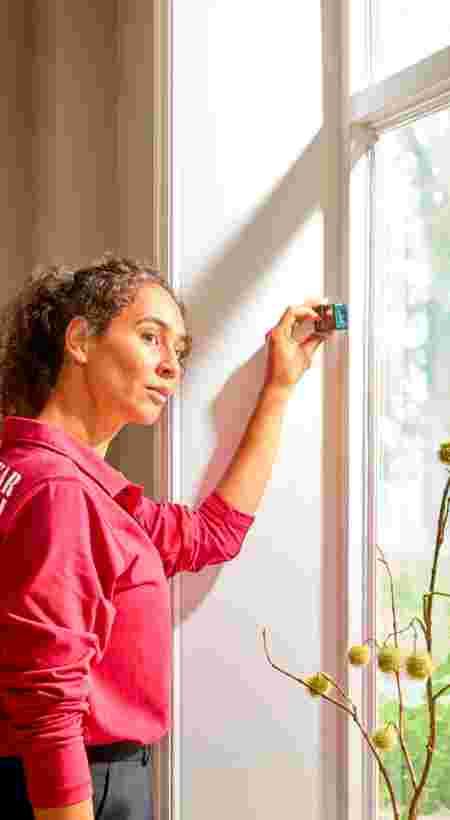 Karwei Specialist meet een raam in met een meetinstrument