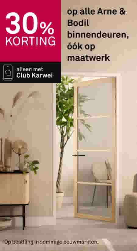 30% korting op alle Arne & Bodil binnendeuren, ook op maatwerk. Alleen met Club Karwei. Moderne houten spiegeldeur in interieur.