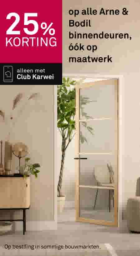 25% korting op alle Arne & Bodil binnendeuren, ook op maatwerk. Alleen met Club Karwei. Moderne houten spiegeldeur in interieur.
