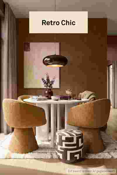 Retro Chic eethoek met mosterdgele stoelen, ronde witte tafel, bruine hanglamp en geometrische poef op beige tapijt.