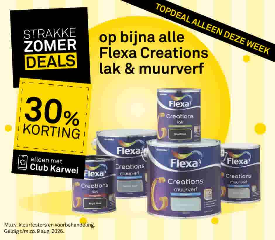 Meerdere blikken Flexa Creations lak en muurverf op gele achtergrond. Aanbieding: 30% korting, alleen met Club Karwei.