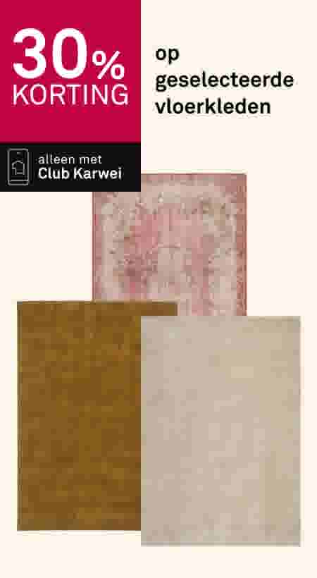 30% korting op geselecteerde vloerkleden. Alleen met Club Karwei. Drie vloerkleden: roze vintage, bruin en beige.