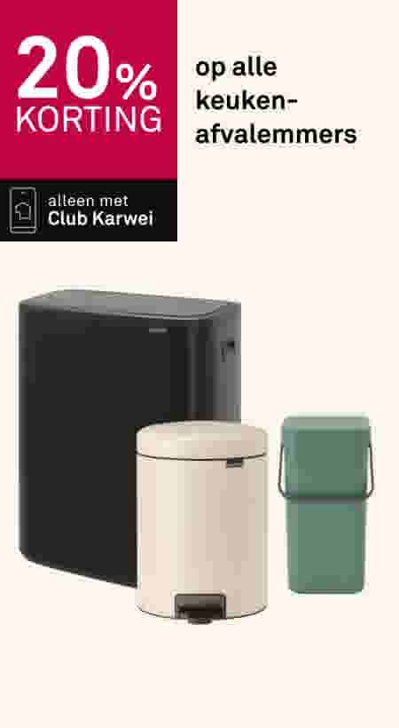 20% korting op alle keukenafvalemmers. Alleen met Club Karwei. Drie afvalemmers: zwart, wit en groen.