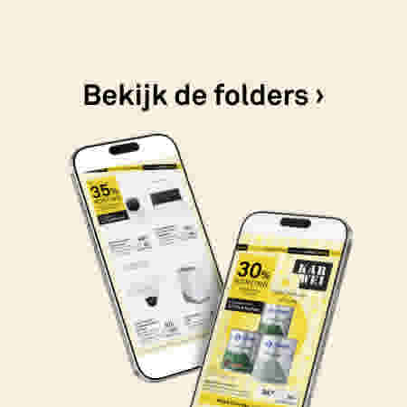 Twee smartphones tonen Karwei folders met kortingsaanbiedingen van 35% en 30% op een beige achtergrond.