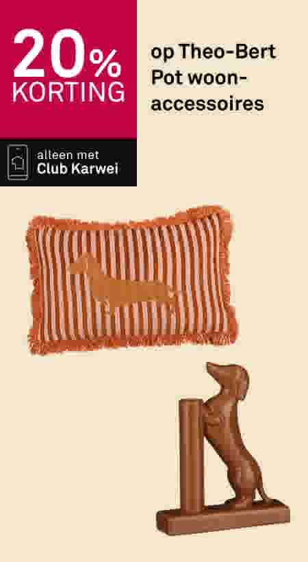 20% korting op Theo-Bert Pot woonaccessoires met Club Karwei, gestreept kussen met hond en bronzen teckel beeld