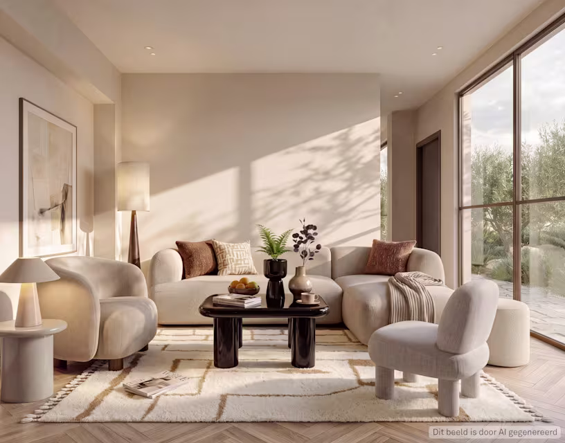 Lichte woonkamer met crèmekleurige ronde fauteuils, een crèmekleurige bank, verschillende woonaccessoires in neutrale aardse tinten, zwarte salontafel, op een crème kleurig vloerkleed.