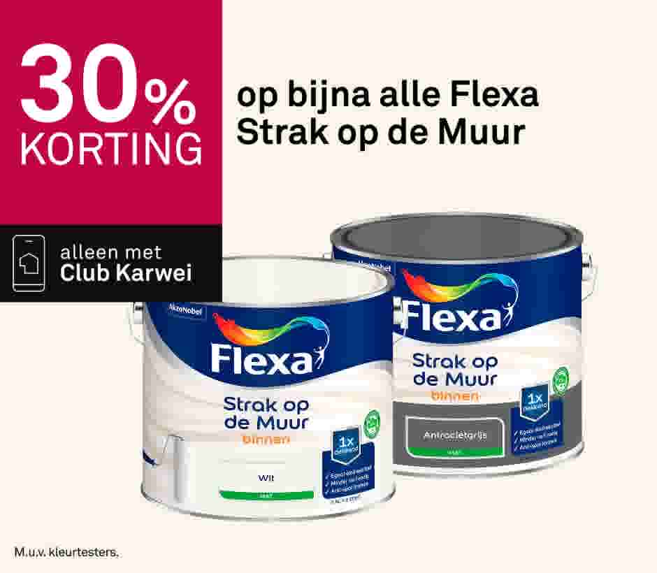 30% korting op bijna alle Flexa Strak op de Muur. Alleen met Club Karwei. Twee verfblikken Flexa Strak op de Muur in wit en antracietgrijs.