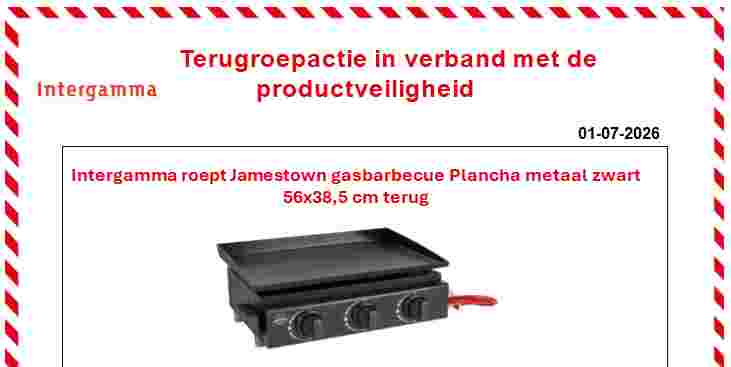 Terugroepactie Intergamma: zwarte Jamestown gasbarbecue Plancha metaal 56x38,5 cm met rode hendel en drie knoppen.