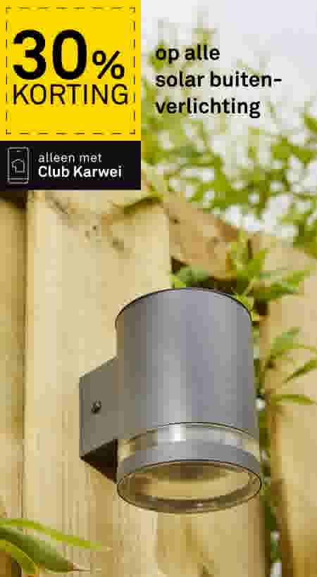 Grijze solar buitenlamp gemonteerd op een houten schutting, omgeven door groen. 30% korting op solar buitenverlichting, alleen met Club Karwei.