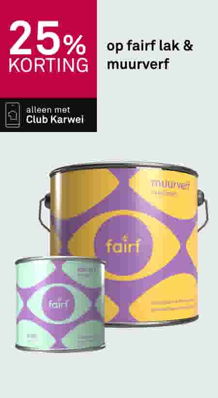 25% korting op fairf lak en muurverf, alleen met Club Karwei. Twee verfblikken met paars en geel patroon.
