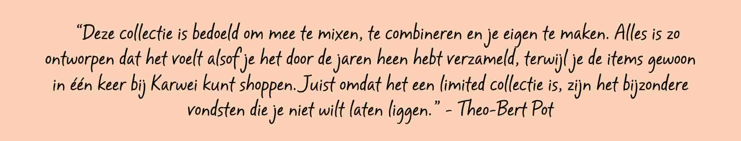 Citaat: 'Deze collectie is bedoeld om mee te mixen en te combineren, alsof je het door de jaren hebt verzameld – shop het in één keer bij Karwei. Een limited collectie met bijzondere vondsten.' – Theo-Bert Pot