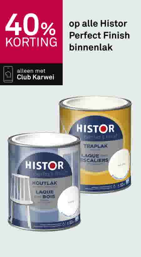 40% korting op Histor Perfect Finish binnenlak, alleen met Club Karwei, twee verfblikken afgebeeld