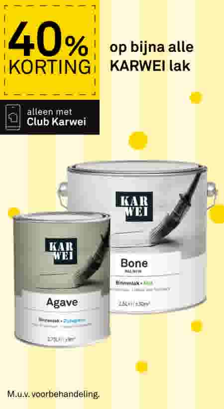 Twee blikken Karwei binnenlak in kleuren Agave en Bone, met 40% korting via Club Karwei.