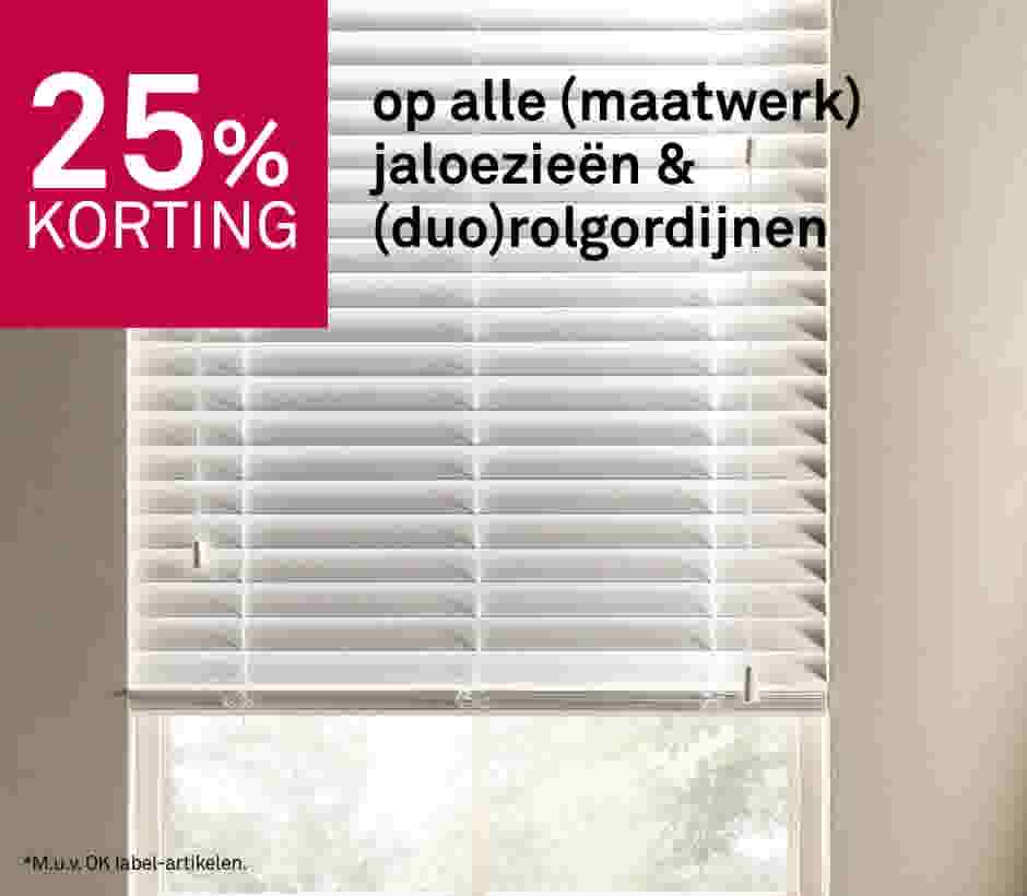 25% korting op alle (maatwerk) jaloezieën & (duo)rolgordijnen