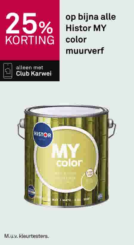 25% korting op Histor MY color muurverf, alleen met Club Karwei. Gele verfemmer met Histor logo.