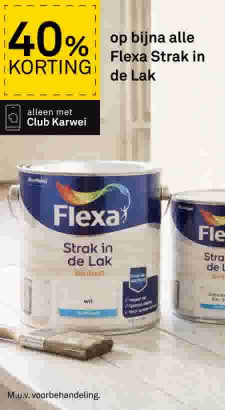 Twee blikken Flexa Strak in de Lak verf op een houten ondergrond met een verfkwast. Aanbieding: 40% korting voor Club Karwei-leden.
