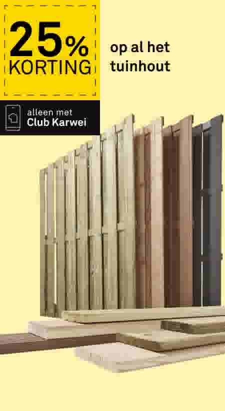 25% korting op tuinhout bij Club Karwei. Diverse houten schuttingpanelen in licht, bruin en antraciet, met planken ervoor.