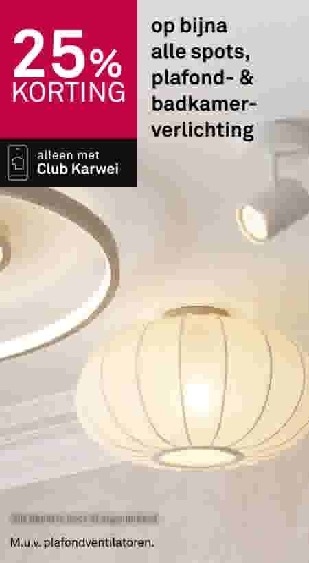 25% korting op plafond- en badkamerverlichting met Club Karwei, met verlichte lampen op de achtergrond.