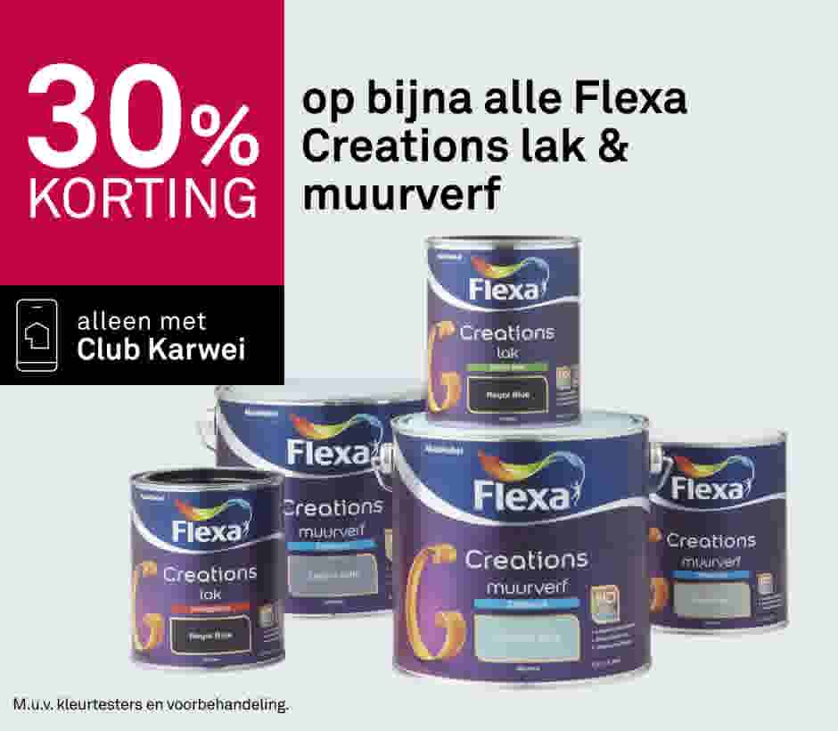 30% korting op Flexa Creations lak en muurverf, alleen met Club Karwei. Verfblikken in verschillende kleuren.
