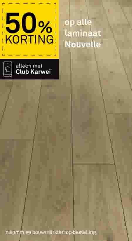 Laminaatvloer in houtlook met tekst: 50% korting op alle laminaat Nouvelle, alleen met Club Karwei.